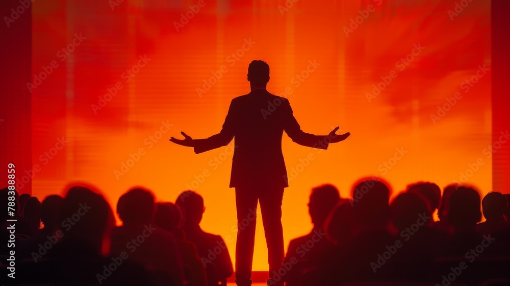 A man stands on a stage in front of a crowd of people. He is giving a speech and he is very passionate about his topic. The audience is attentive and engaged, listening intently to the speaker