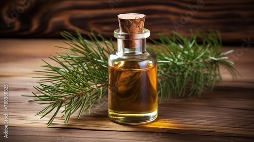 Essential oils of cedar and spruce in small glass bottles on a wooden background. Aromatherapy.