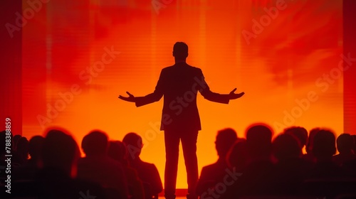 A man stands on a stage in front of a crowd of people. He is giving a speech and he is very passionate about his topic. The audience is attentive and engaged  listening intently to the speaker