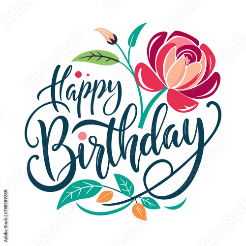 beautiful green inscription happy birthday with rose