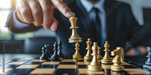 Person playing chess board game, business woman concept image holding chess pieces like business competition and risk management, planning business strategies to defeat business competitors