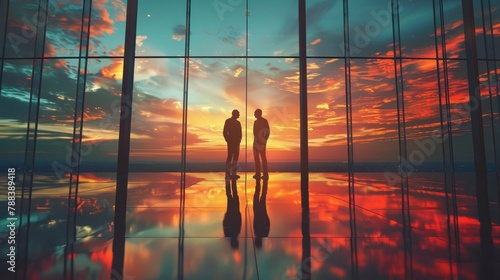 Two men standing in front of a window, looking out at the sunset. Scene is peaceful and contemplative