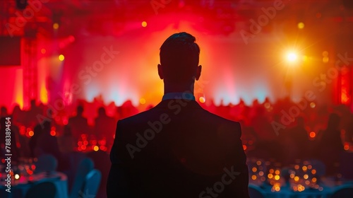 A man stands in front of a crowd of people at a red and orange stage. The man is dressed in a suit and tie, and he is a speaker or performer. The audience is seated at tables around the stage