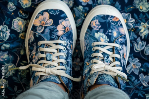 Close-up of sneakers on feet with blue floral patterns