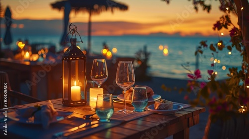 Oceanfront meal with scenic sunset, capturing moments of romance and fine dining.