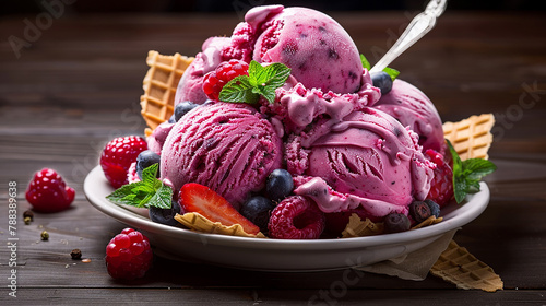 Freshness and sweetness on a wooden table berry ice cream