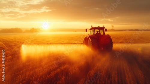 Morning Glow in Agriculture: Pesticide Spraying on Vast Field