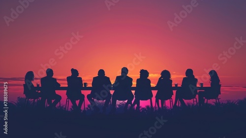 A group of people are sitting around a table at sunset. The table is set with cups and a bottle. The people are all dressed in business attire