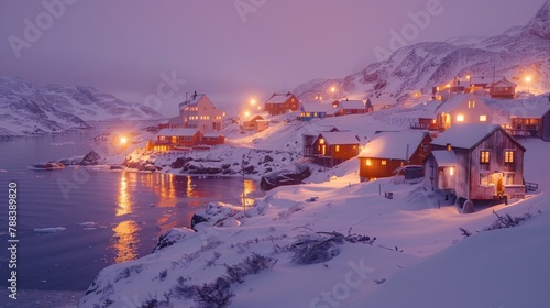 A snapshot of colorful Inuit houses nestled against a snowy hillside, offering a glimpse into Greenlandic culture.