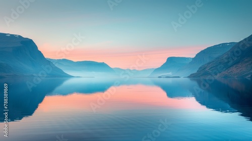 A Greenlandic fjord at sunrise, with pastel colors reflecting off the calm waters.