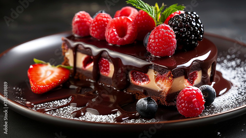 Gourmet dessert Fresh raspberry and strawberry slice on chocolate plate