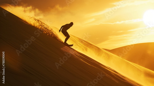 Dynamic sandboarding in sunset light, suitable for sport and desert exploration themes. photo
