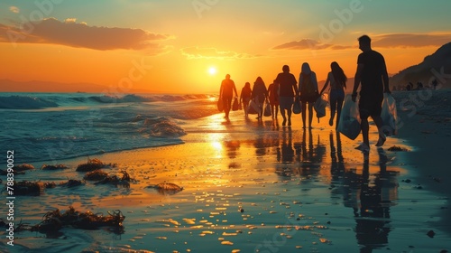 A group of people are walking on the beach, carrying trash bags. The sun is setting in the background, creating a warm and peaceful atmosphere © Rattanathip