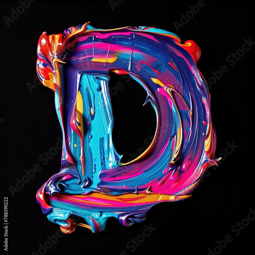 Letter D uppercase. Colorful paint splash on black background