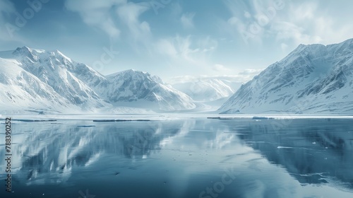 A Greenlandic lake surrounded by snow-covered mountains, capturing the pristine beauty of the Arctic landscape.