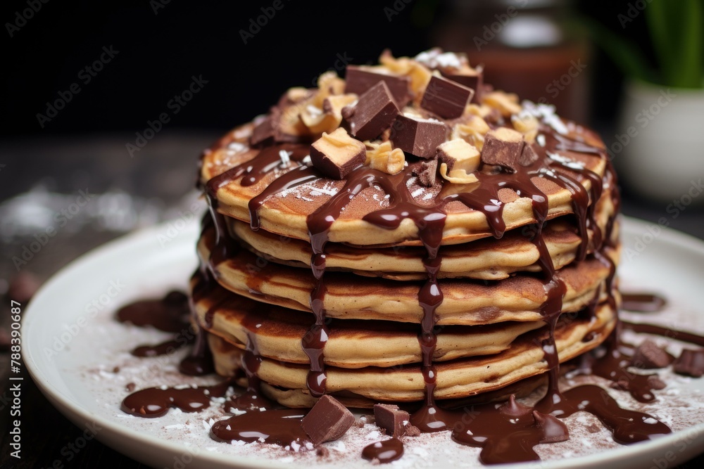 Rich Pancakes with honey and chocolates. Butter dessert. Generate Ai