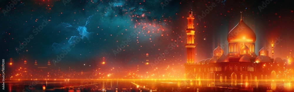 Night time view of illuminated Islamic mosque with fireworks in background