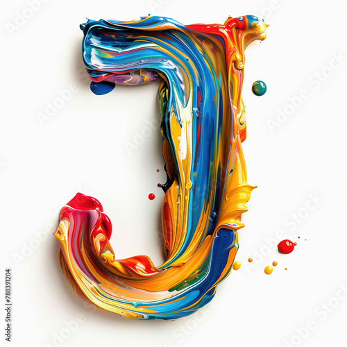 Letter J uppercase. Colorful paint splash on white background