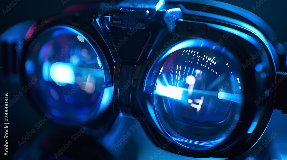 Virtual reality headset glowing in dark, close up, user's reflection on lens, high contrast, cool tones. Virtual reality headset glowing in dark, close up, user's reflection on lens, high contrast, cool tones.