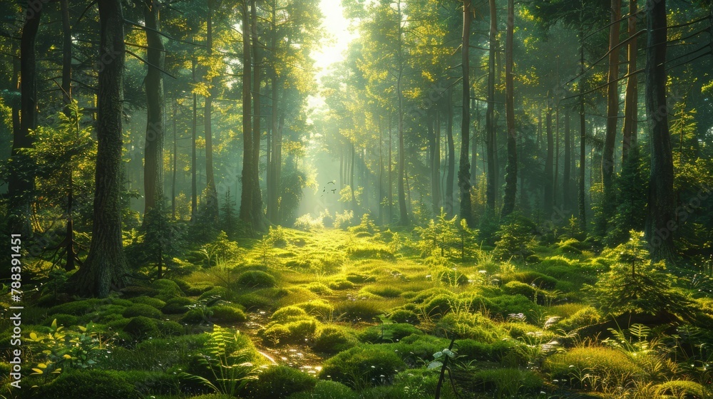 A tranquil forest glade is bathed in the soft light of dawn, casting long shadows across the moss-covered ground. The air is filled with the earthy scent of pine, while birdsong fills the air with mus