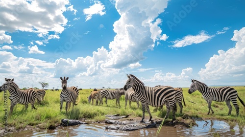 A herd of zebras keep an eye out for hungry crocodiles  photo