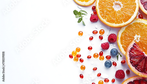 Vitamins in fruit capsules are on the table  healthy lifestyle  top view.