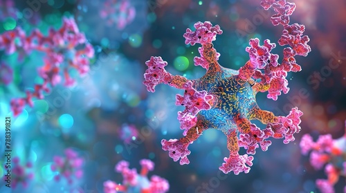 Microscopic view of a virus interacting with antibodies, vibrant colors, close-up, scientific illustration style