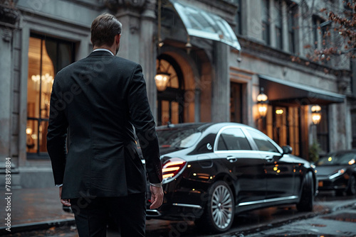 Elegant Businessman Approaching Luxury Car on Rainy Evening © kegfire