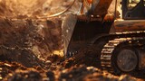 Hydraulic excavator scoop digging earth, close frontal view, morning light, realistic dirt texture, action shot