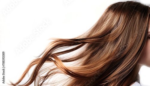 A banner with healthy well-groomed shiny dark locks of hair isolated on a white background.
