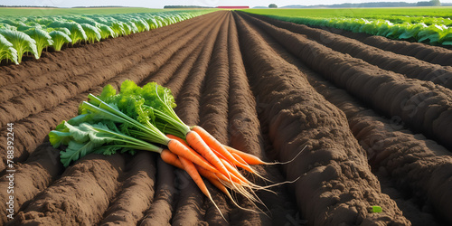 Freshly picked carrots on the soil in a field of a farm, agriculture and vegetables farming concept photo