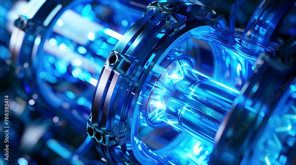 Nuclear fuel rod assembly, cool blue light, extreme close-up, high detail, science fiction style