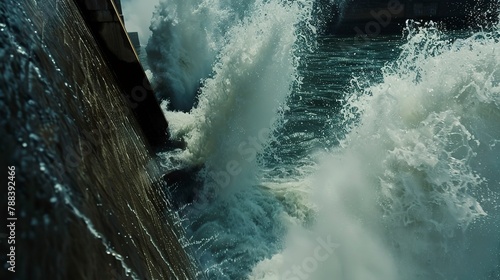 Hydropower dam release gate open, water spray close-up, dynamic angle, powerful nature interaction
