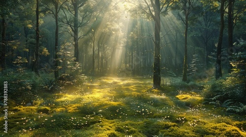 A tranquil forest glade is bathed in the soft light of dawn, casting long shadows across the moss-covered ground. The air is filled with the sound of birdsong, while shafts of golden light filter thro © Muzammil Elahi