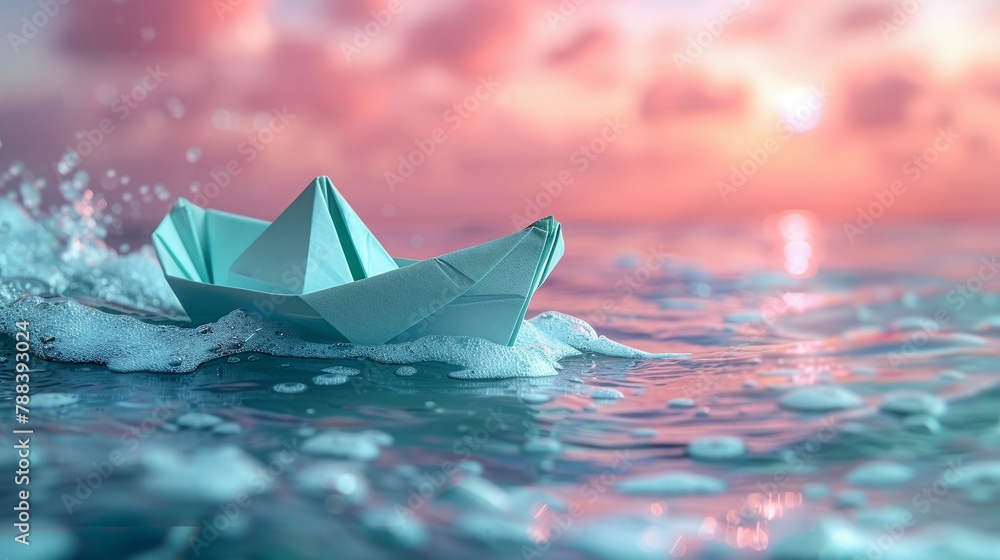 Teal origami boat vibrant pink water background minimal waves clear focus closeup Teal origami boat vibrant pink water background minimal waves clear focus closeup