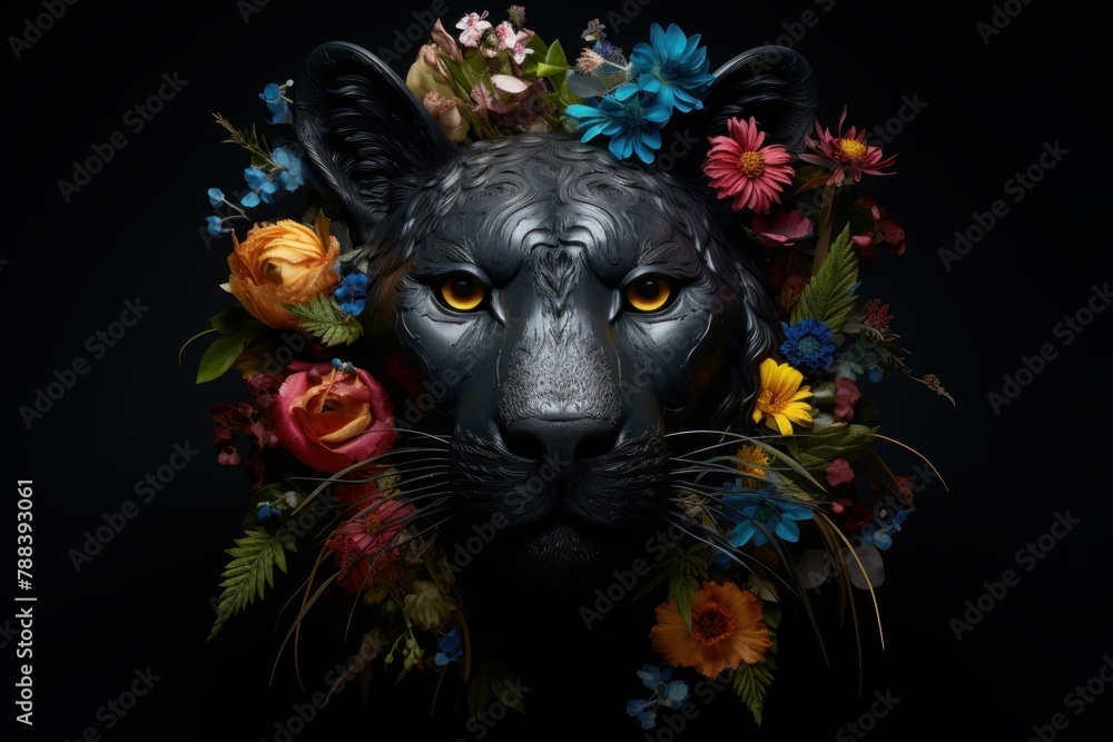 Intimidating Panther head flowers mammal. Feline predator. Generate Ai Intimidating Panther head flowers mammal. Feline predator. Generate Ai