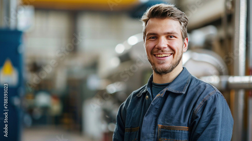 Smiling man, an employee of a German factory or plant against the background of a working workshop © Anzhela
