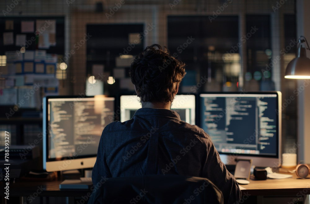 Man, computer and software in office at night, programmer and cybersecurity for startup company. Male person, back and writing code on website or app, data analytics and internet for cpu system Man, computer and software in office at night, programmer and cybersecurity for startup company. Male person, back and writing code on website or app, data analytics and internet for cpu system