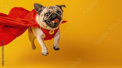 red cloaked pug power on yellow background