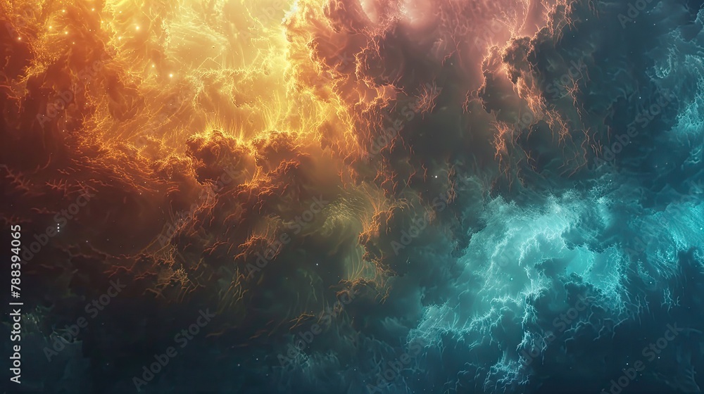Mystery Clouds and Neon Light Glowing in the Nebula Galaxy Space, Colorful and Flowing Sky with Fluffy White Clouds and Flames