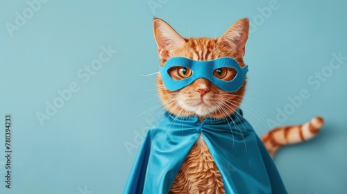 superhero cat in red costume on a blue background