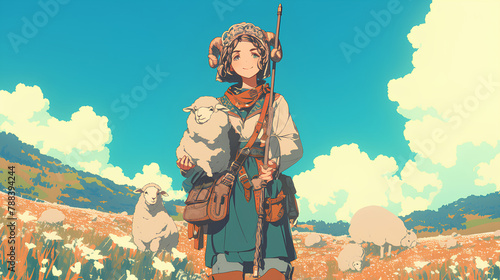 sheep herding anime girl. cool anime style with background illustrations photo