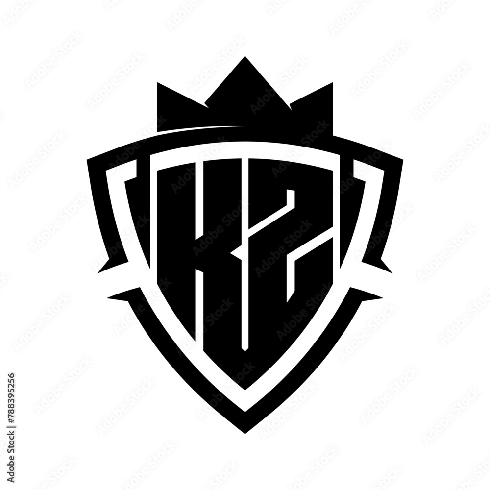 KZ Letter bold monogram triangle curve shield shape with crown black and white background color design KZ Letter bold monogram triangle curve shield shape with crown black and white background color design