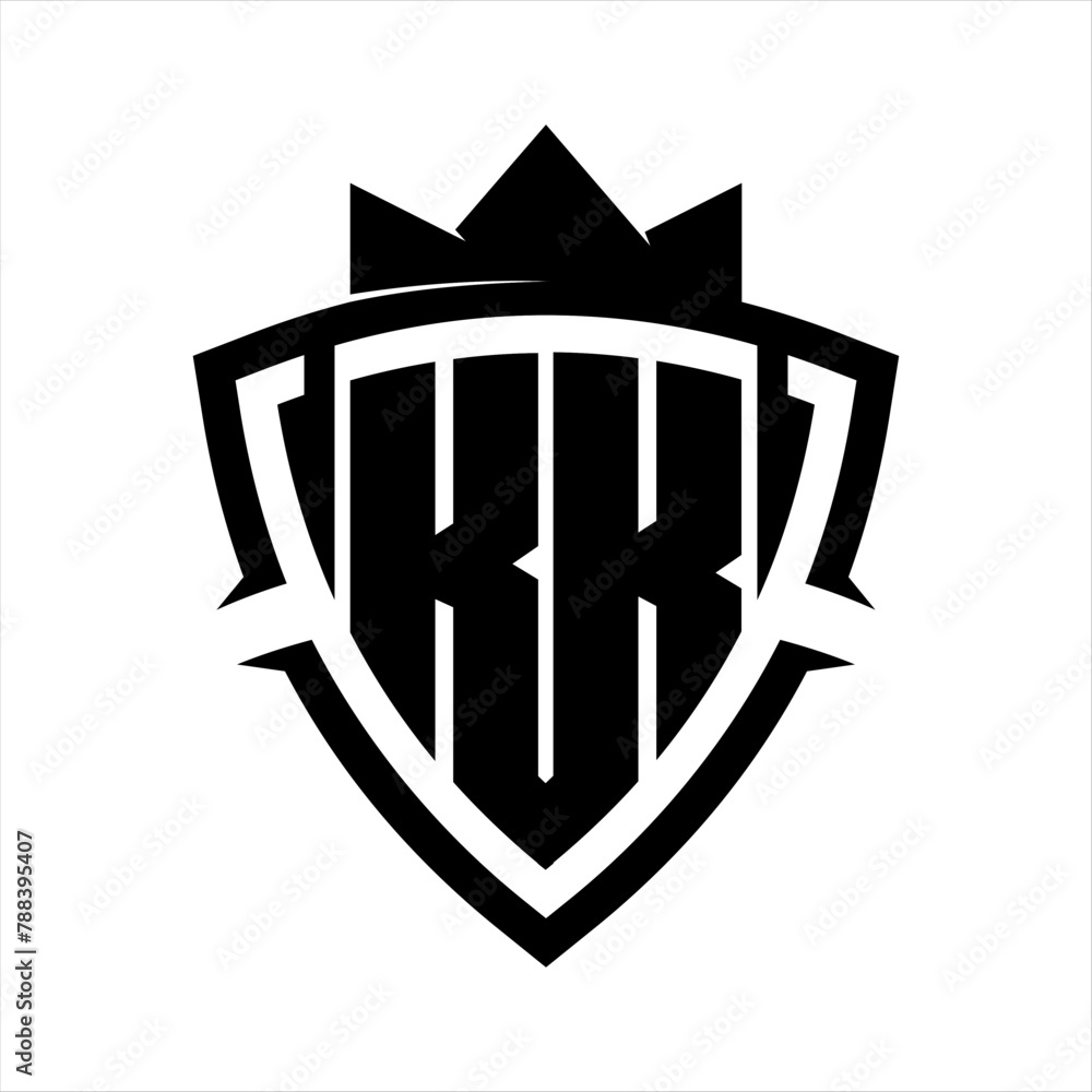 KK Letter bold monogram triangle curve shield shape with crown black and white background color design KK Letter bold monogram triangle curve shield shape with crown black and white background color design
