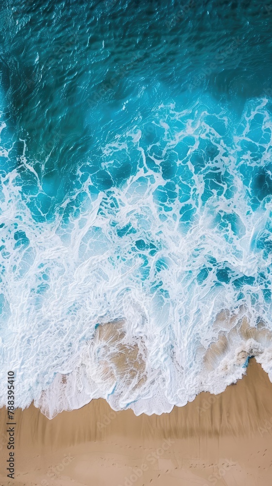 Naklejka premium Beautiful natural summer vacation background. Aerial top view drone shot of turquoise waves breaking white bubbles on pristine white sand