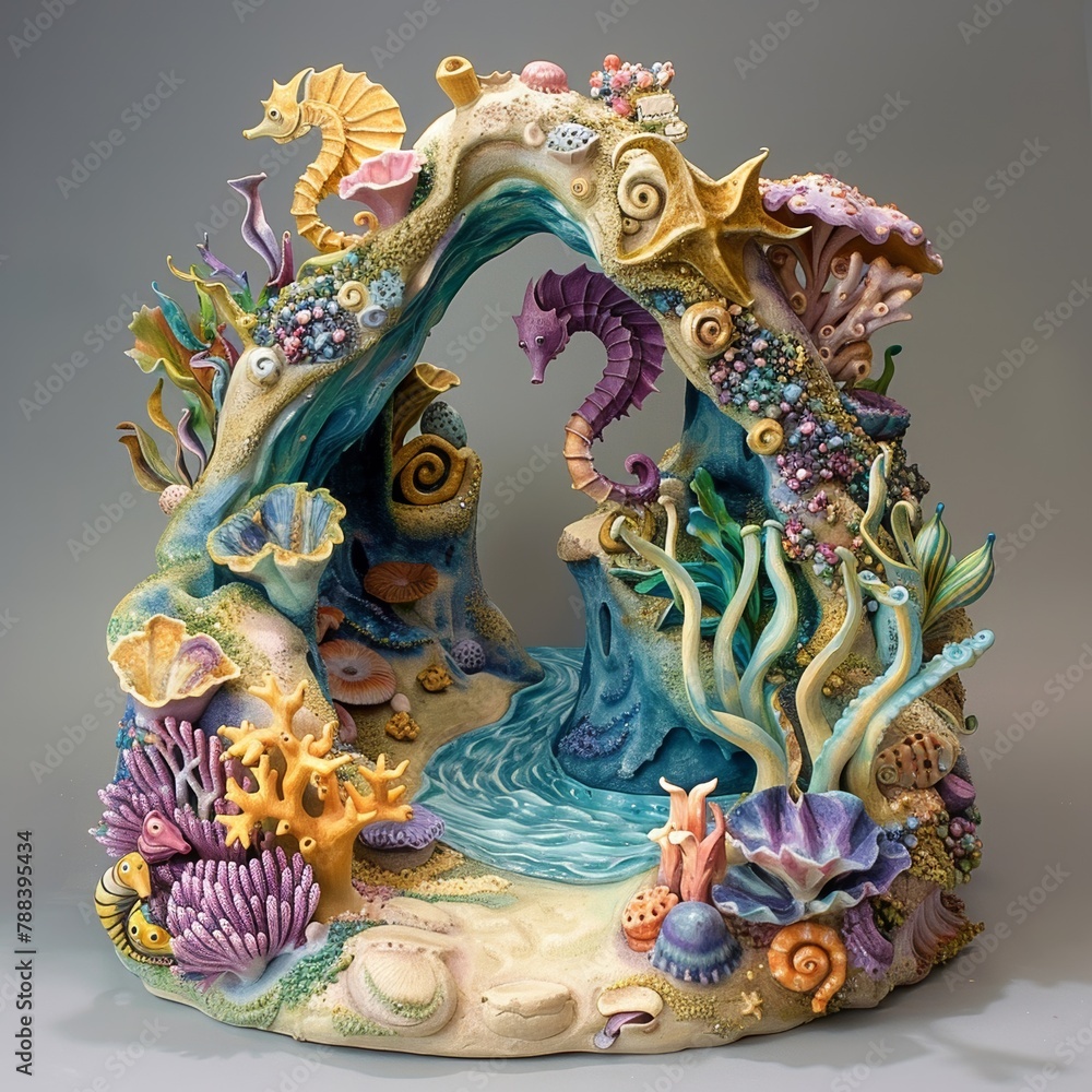 Craft a clay sculpture of a fantastical underwater scene, showcasing a whimsical submarine garden seen Craft a clay sculpture of a fantastical underwater scene, showcasing a whimsical submarine garden seen