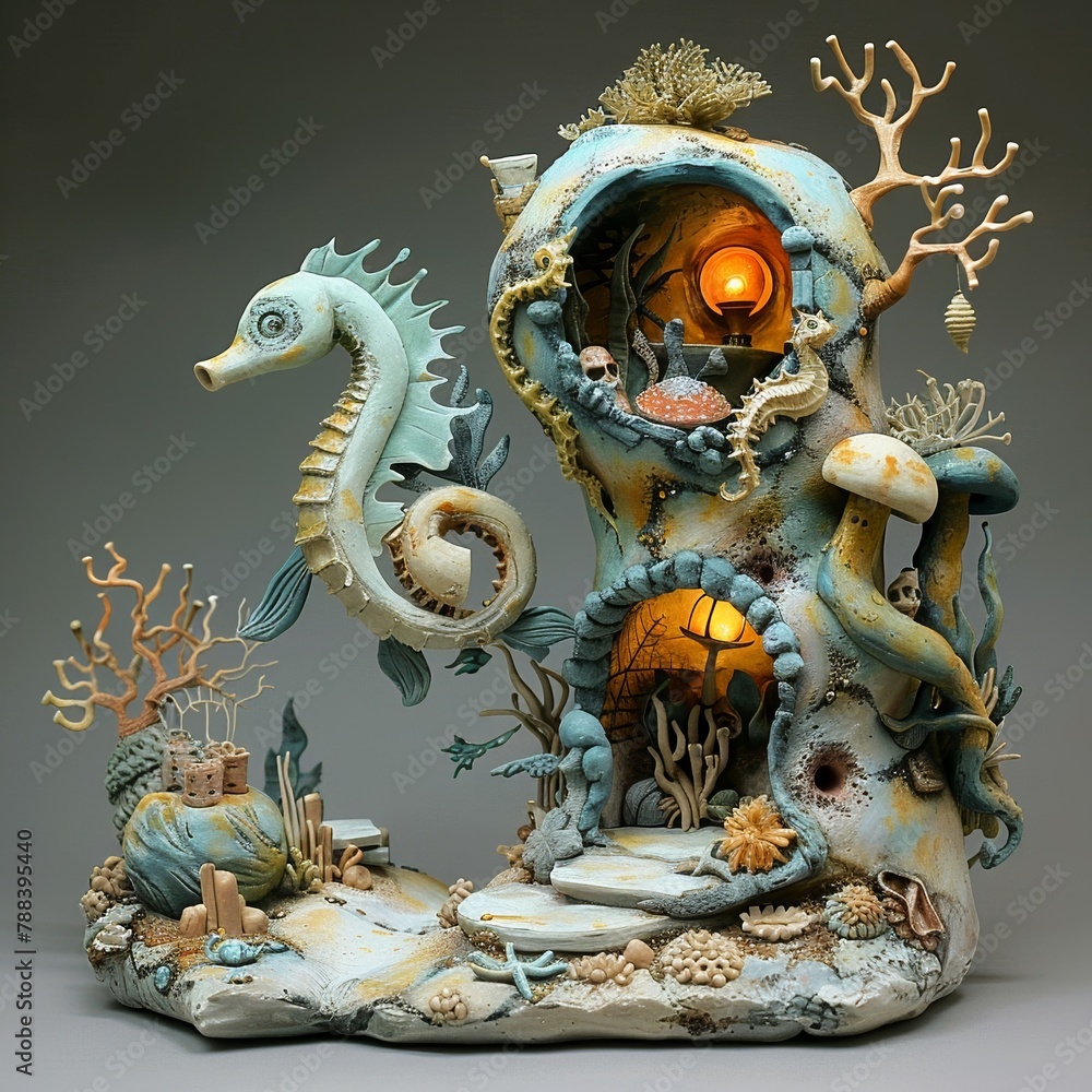 Craft a clay sculpture of a fantastical underwater scene, showcasing a whimsical submarine garden seen from a wormseye view Use intricate details like miniature seahorses and hidden treasures