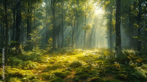 A tranquil forest glade is bathed in the soft light of dawn, casting long shadows across the moss-covered ground. The air is filled with the sound of birdsong, while shafts of golden light filter thro © Muzammil Elahi