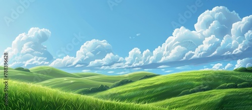 The green grass field sits atop gently rolling hills, under a blue sky adorned with fluffy white clouds.
