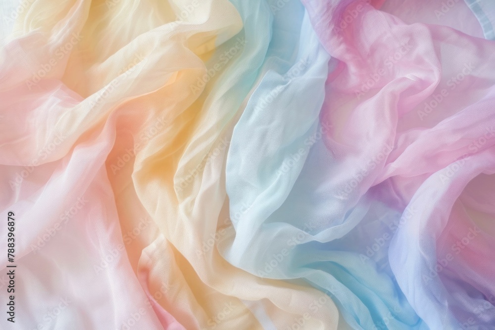 Top view of pastel colored silk fabric on white background with elegant and delicate textures, creating a beautiful contrast of soft hues Top view of pastel colored silk fabric on white background with elegant and delicate textures, creating a beautiful contrast of soft hues